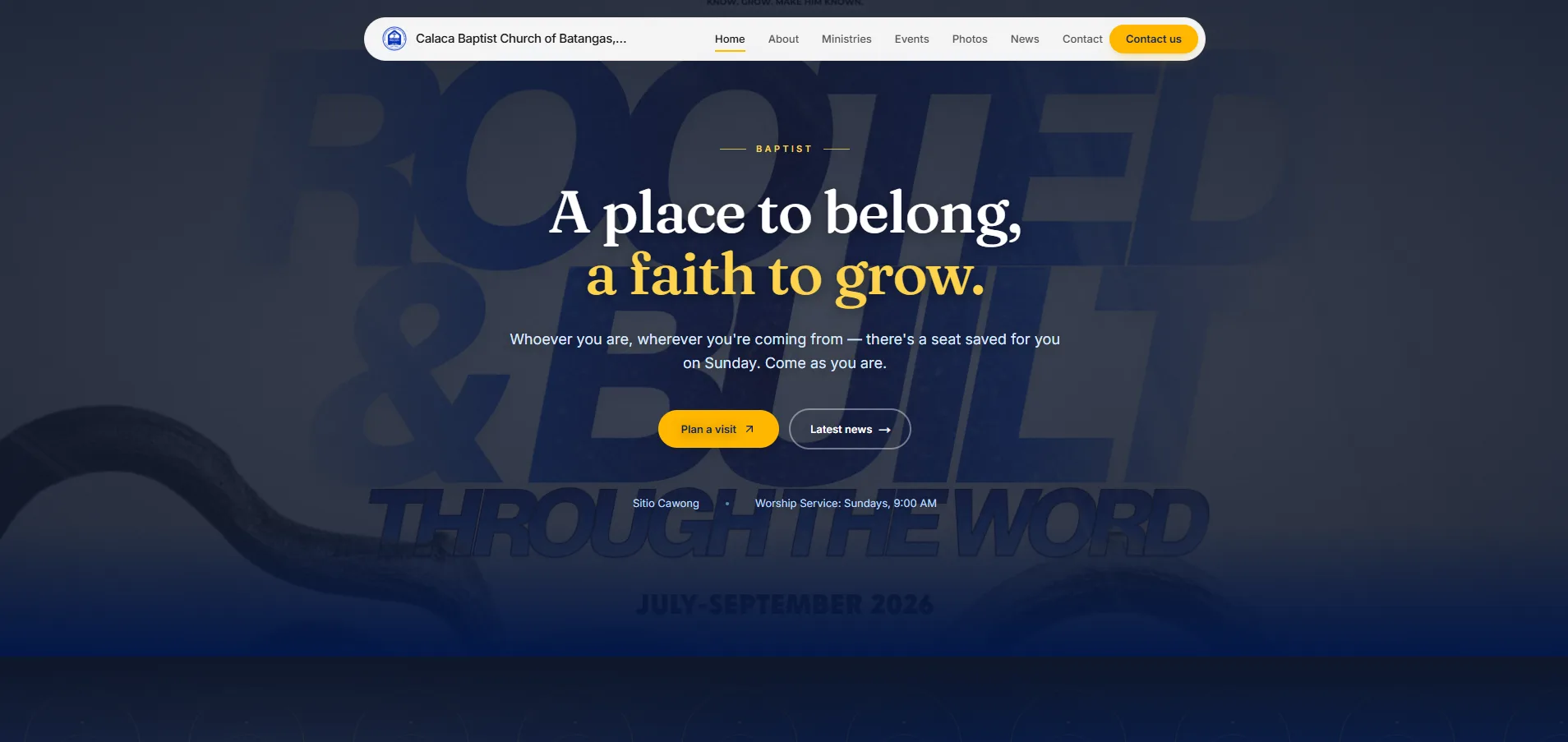 A live church website built on StewardTrack, showing the church name and logo, a welcome headline, a Plan a visit button, the worship service time and a menu with Home, About, Ministries, Events, Photos, News and Contact.