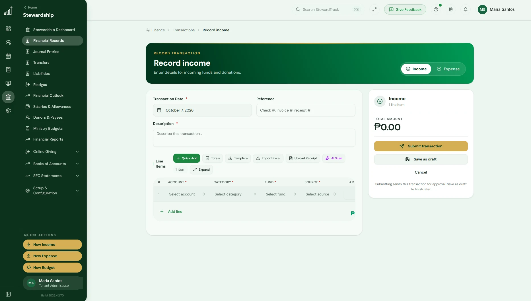 The StewardTrack Record income page with quick add, totals, template, Excel import, receipt upload and AI scan