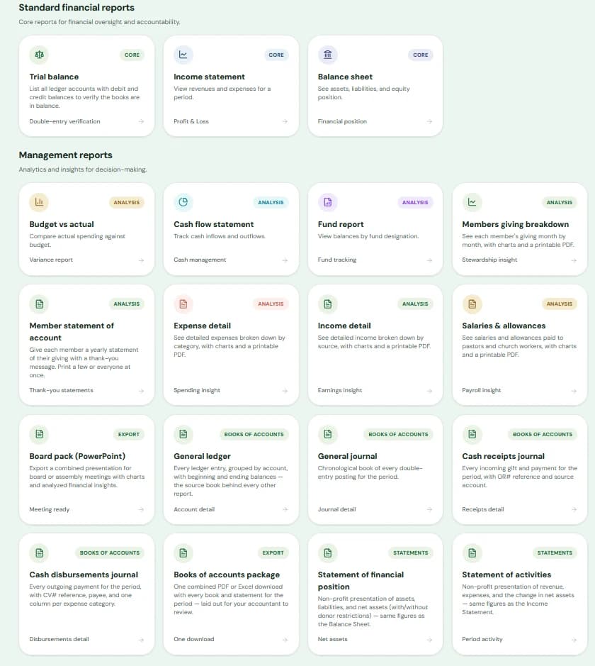 The StewardTrack Financial Reports page listing standard reports, management reports, board pack, books of accounts and statements