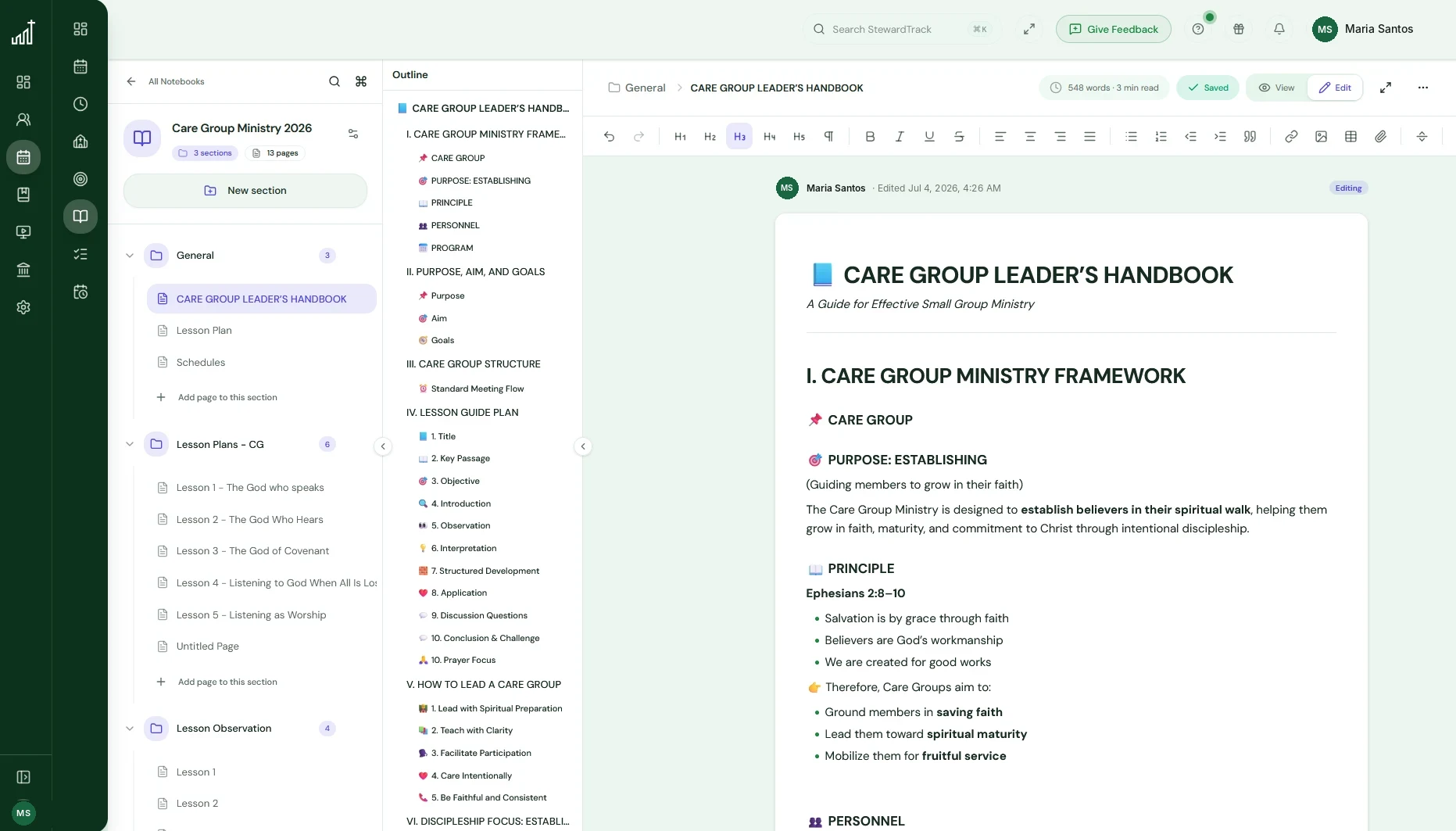 A StewardTrack notebook with sections and pages on the left, a page outline in the middle and a Care Group Leader's Handbook page open in the editor.