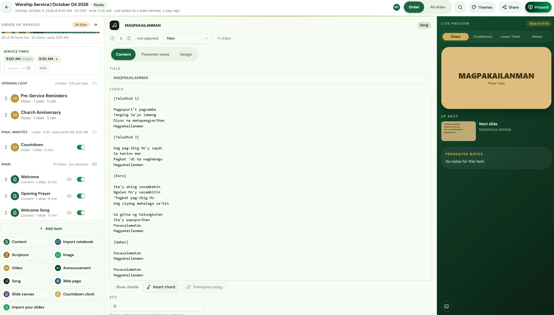 The StewardTrack Presentation workspace with the order of service on the left, a song's lyrics in the editor and a live preview of the slide on the right.